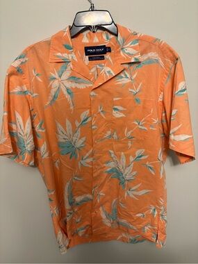 VTG Polo Golf Ralph Lauren Caldwell Linen Cotton Camp Shirt Medium Orange Aloha